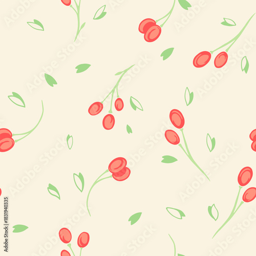 Seamless vector pattern with cute red berry clusters and scattered green leaves on a soft cream background. Fresh playful botanical design for textiles, packaging and seasonal decor