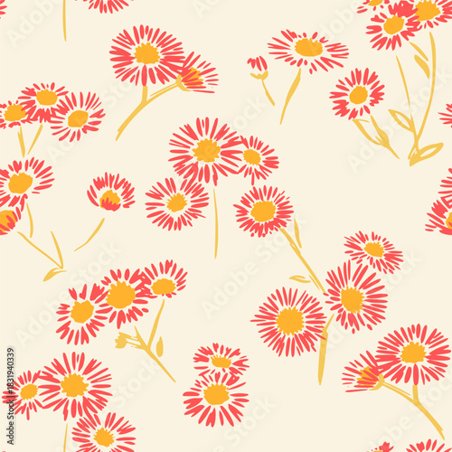 Seamless vector pattern with hand-drawn chamomile style flowers in warm coral and yellow tones on a soft cream background. Cheerful organic floral design for textiles, packaging and decor