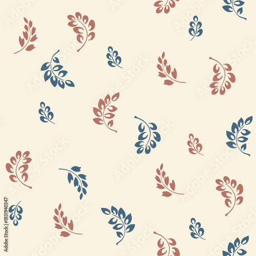 Seamless vector pattern with minimalist botanical sprigs in muted terracotta and deep blue on a soft cream background. Elegant modern design for textiles, packaging, stationery and decor