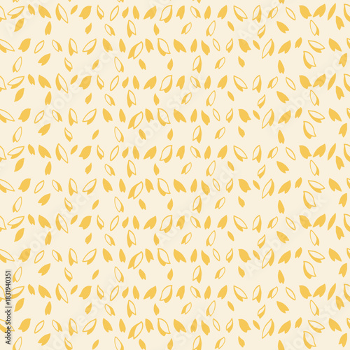Seamless vector pattern with scattered yellow leaf shapes on a soft cream background. Modern minimalist botanical design for textiles, packaging, stationery, wallpapers and decor