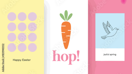 Happy easter greeting card with a carrot hop text and a bird illustration for spring celebration
