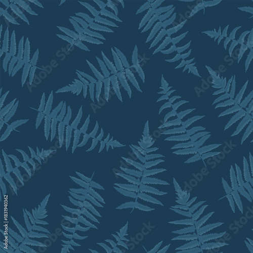 Seamless vector pattern with detailed fern leaves in deep blue tones on a dark navy background. Elegant botanical design for textiles, packaging, wallpapers and modern decor