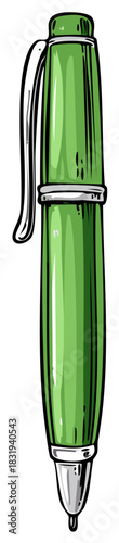 Green pen cartoon illustration with bold lines and silver clip, a classic writing instrument for creative work