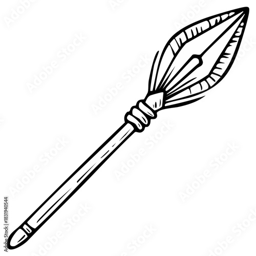 Line art illustration of a spear with a pointed head, black and white