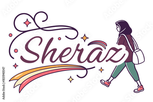 Illustration of a woman in hijab walking with a bag next to the word sheraz with stars and a comet