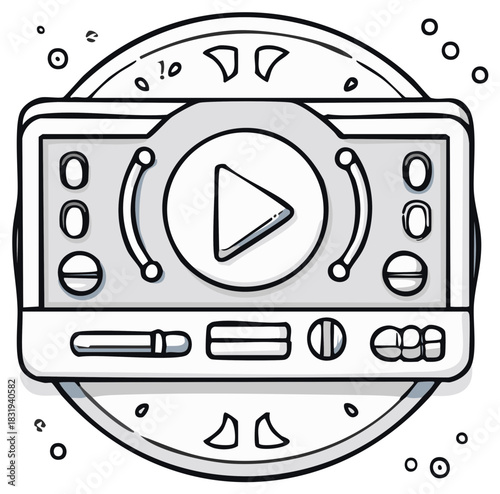 Doodle illustration of a retro portable CD player on a compact disc