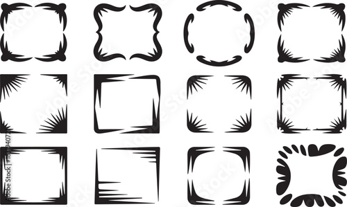 Twelve black and white decorative square frame icons with ornate and abstract designs Keywords: frame, border, decorative, ornate, abstract, design, graphic, icon, set, collection, illustration