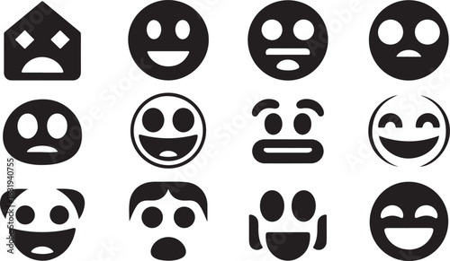 Twelve black and white graphic icons depicting various stylized faces and emotions emoji emoticon