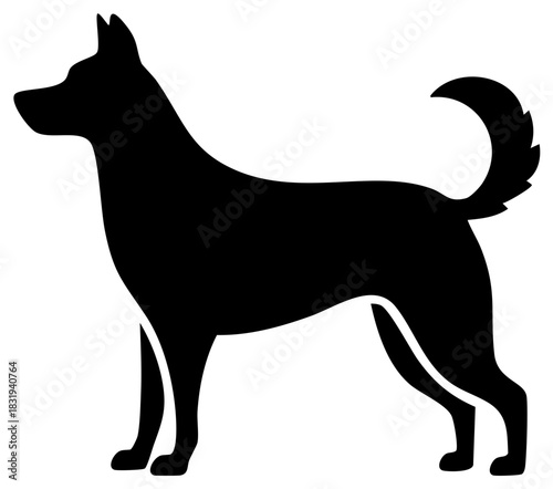 Strong black dog silhouette vector illustration in a classic standing stance with curled tail