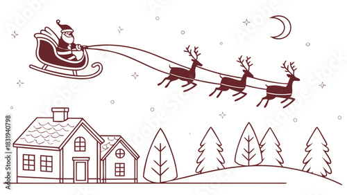 Santa claus in sleigh pulled by reindeer flying over houses and trees on christmas night with moon and stars