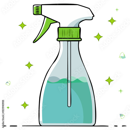 Spray bottle with cleaning liquid solution and green sparkles effect for sanitizing