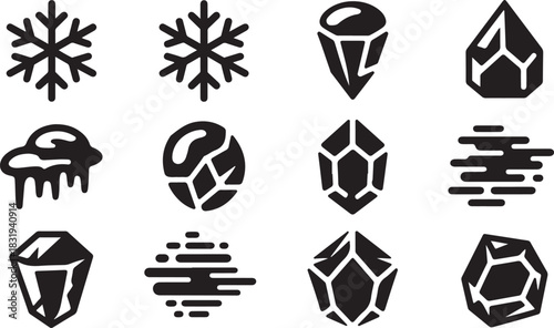 Twelve Black Icons Representing Snowflakes Ice Crystals and Abstract Shapes Keywords: snowflake, ice, crystal, frozen, winter, cold, abstract, shape, icon, symbol, graphic, illustration, design