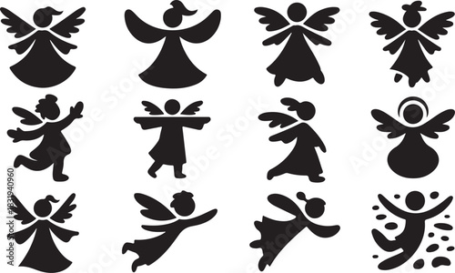 Twelve black silhouette angels in various poses and styles on a white background celestial divine