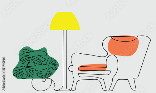 Modern Minimalist Furniture Illustration Line Art – Cozy Chair with Lamp and Indoor Plant Wall Art Print, Contemporary Home Decor Artwork for Living Room, Interior Design Aesthetic Poster
