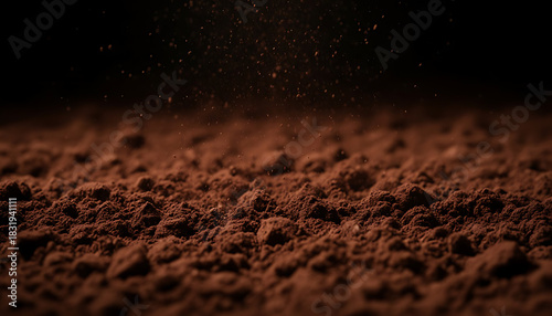 Macro view of cocoa powder with a dark background, showing texture and detail for cooking and baking concepts