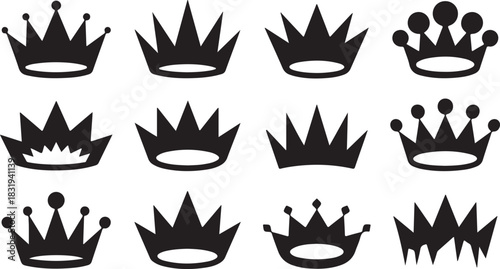 Twelve Black Silhouette Icons of Various Crown Designs on White Background royal king