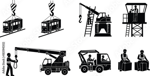 Industrial construction workers operating cranes, forklifts, and heavy equipment in silhouette style for logistics, transportation, and warehouse vector illustration.