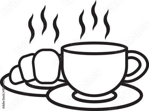 Line art vector of a hot beverage with croissant and pastry on a saucer. Ideal for breakfast icons, café branding, food blogs, cozy lifestyle designs, and minimalist culinary illustrations.