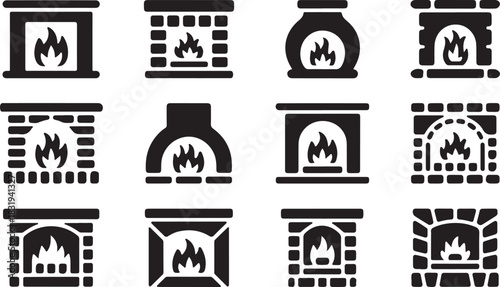 Twelve black silhouette icons of various fireplace and stove designs with flames hearth heat
