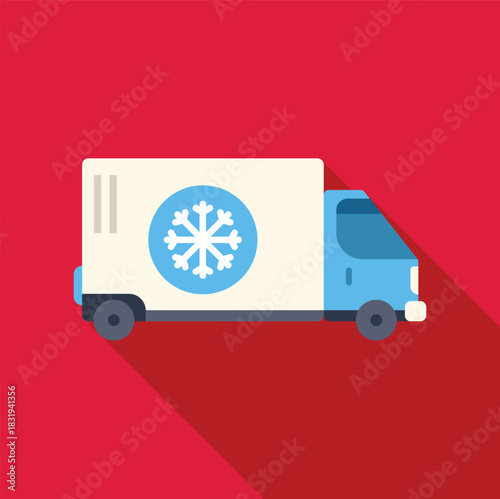 Refrigerated truck transporting frozen products, logistics and delivery service, flat design with long shadow