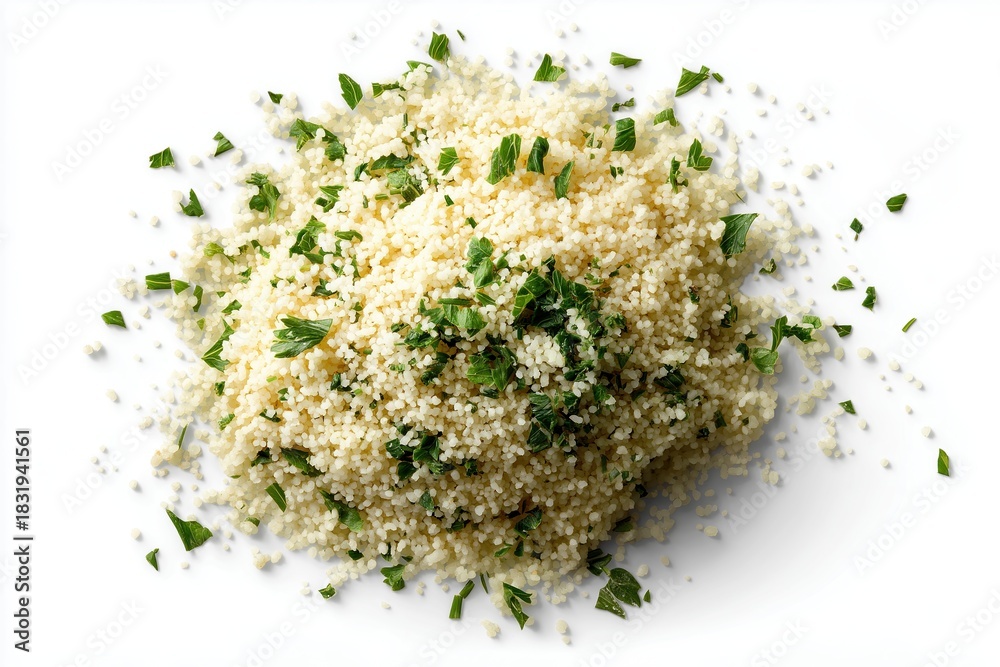 Fototapeta premium Fluffy Couscous with Fresh Herbs Close-up