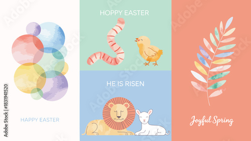 Happy easter and joyful spring greeting card with cute animals and floral elements