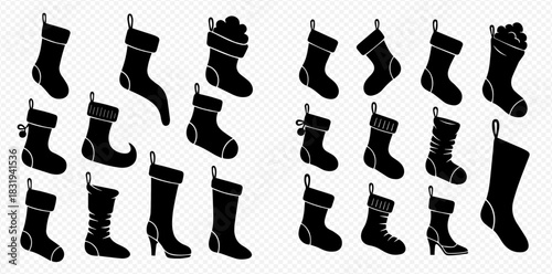 A collection of Christmas stockings in silhouette, various styles and designs.