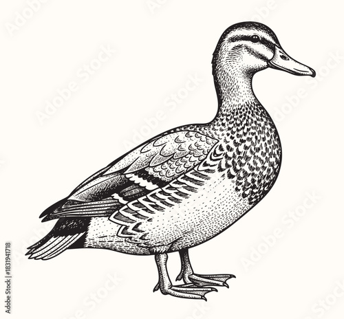 Hand-drawn duck. Bird, mallard, farm animal sketch. Vector illustration