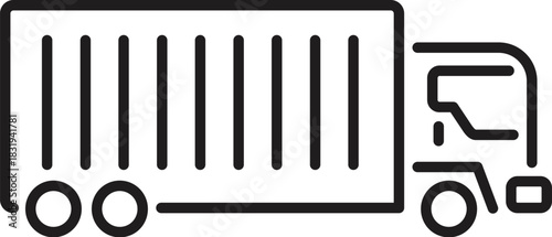 Simple black and white line drawing of a delivery truck transporting a cargo container, icon