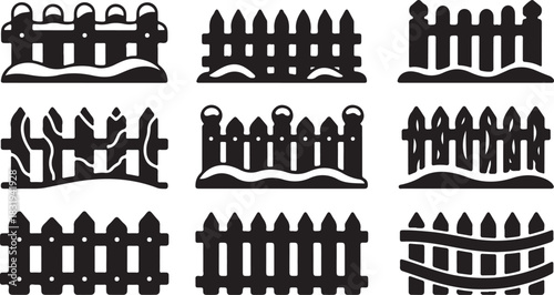 Variety of Black Silhouette Picket Fence Icons with Snow winter christmas