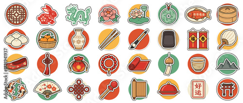 Chinese culture icon set. containing rabbit, dragon, lotus, dumplings, fan, lantern, coin, knot, pagoda, and more. Vector collection