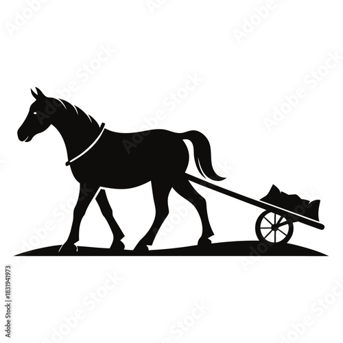 Horse pulling a cart silhouette on a white background