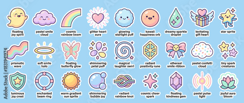 Cute icon set. featuring cloud, rainbow, star, heart, planet, butterfly, sparkle, unicorn, and more. Vector collection