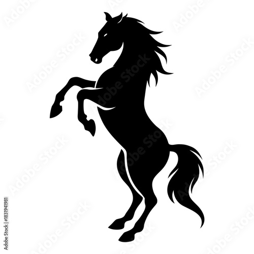 Powerful rearing horse silhouette against white background