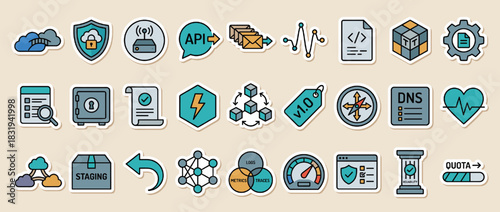Cloud computing and security icon set. contains cloud, lock, api, server, security, code, dns, network, data, staging, metrics. Vector collection