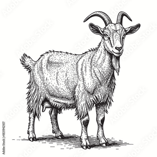 Goat illustration, drawing, engraving, ink, line art, vector