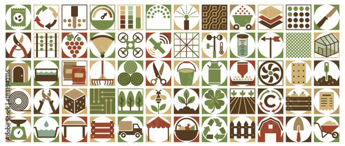 Gardening and agriculture icon set. containing plants, watering can, greenhouse, tools, pruning, and more. Vector collection