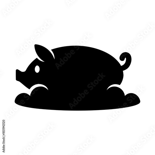 Playful piglet silhouette sitting in muddy puddles silhouette