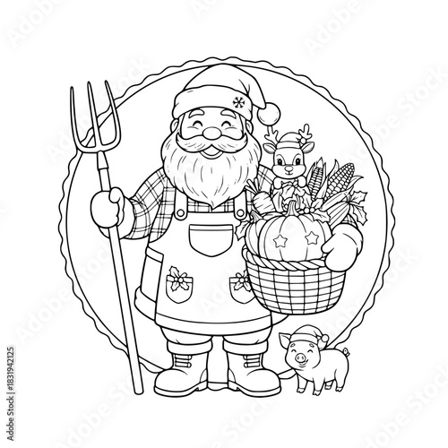 Santa Claus Farmer Outline Vector. Isolated Christmas Rustic and Wholesome Coloring Page Graphic.