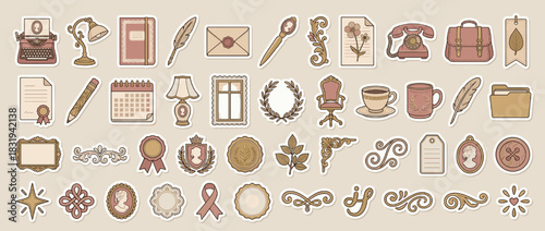 Vintage office and stationery icon set. including typewriter, lamp, pen, envelope, phone, badge, leaf, stamp, coffee, book. Vector collection