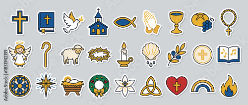 Christian symbols icon set. containing cross, bible, dove, church, fish, prayer, chalice, angel, sheep, candle, heart and more. Vector collection