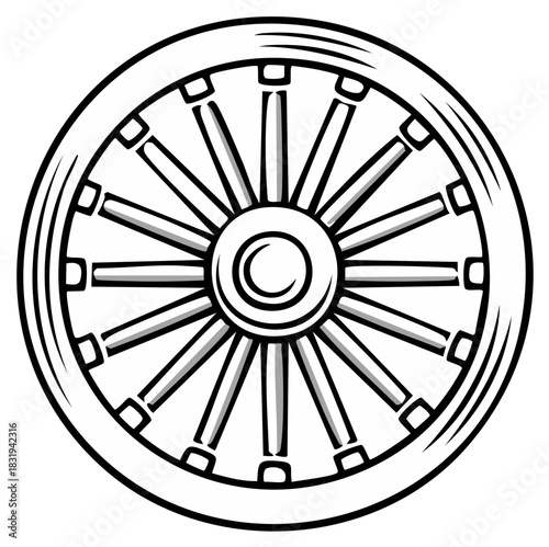 Vintage Wooden Wagon Wheel with Spokes in a Black and White Line Art Illustration Style