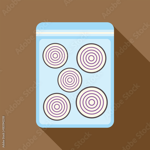 Vacuum sealed freezer bag storing sliced red onions for long term food preservation