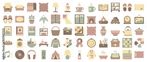 Home and living icon set. containing furniture, decor, kitchen, dining, reading, relaxation, plants, and more. Vector collection
