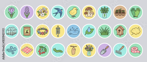 Gardening and nature icon set. containing flower, bird, chick, mushroom, herbs, seedling, gloves, greenhouse, soil, wreath. Vector collection