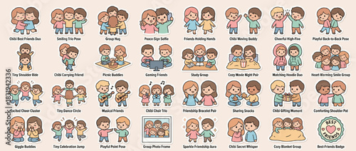 Family and friends icon set. containing friends, family, kids, pets, group, selfie, celebration, gaming, dance, and more. Vector collection