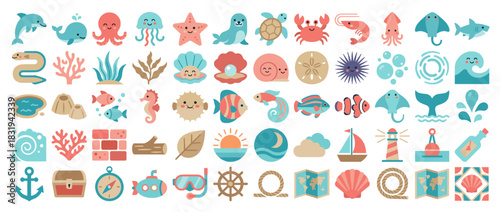 Marine life and coastal icon set. featuring dolphin, octopus, starfish, turtle, crab, coral, shell, fish, lighthouse. Vector collection