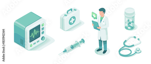 Medical and healthcare icon set. containing doctor, stethoscope, syringe, medication, monitor, first aid, clipboard and more. Vector collection