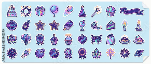 Birthday celebration icon set. containing cake, fireworks, gift, party hat, drink, cupcake, candle. Vector collection