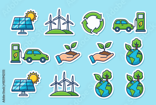 Sustainable energy icons set: solar, wind, recycling, ev, eco car, earth, plant growth. Vector collection